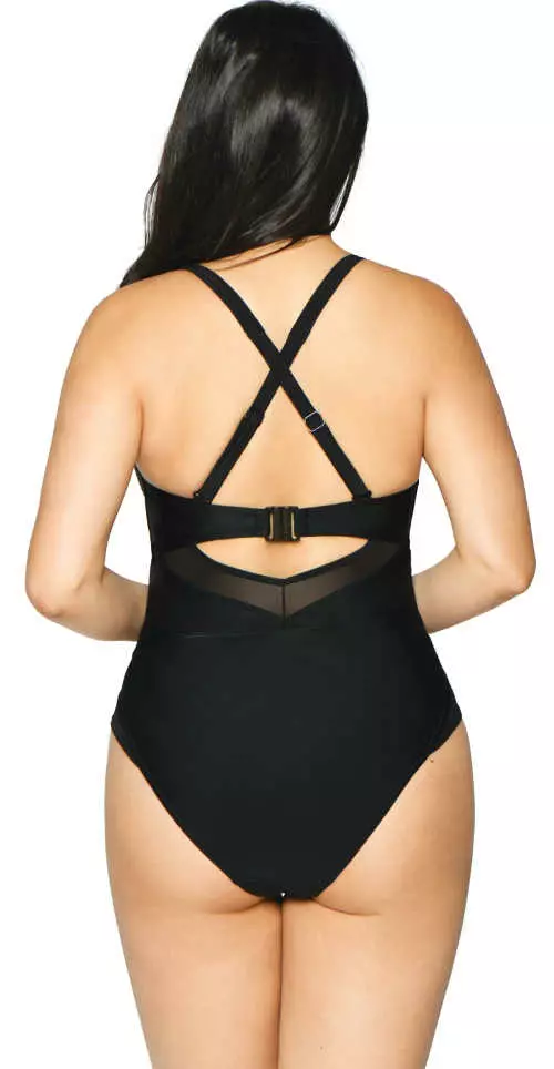 Jednodijelni kupaći kostim u profinjenom crnom jednodijelnom kupaćem kostimu s impresivnom igrom materijala