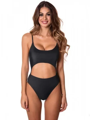Crni zavodljivi jednodijelni kupaći kostim s prorezom i visokim strukom