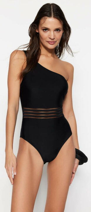 Jeftini crni ženski jednodijelni kupaći kostim na jedno rame
