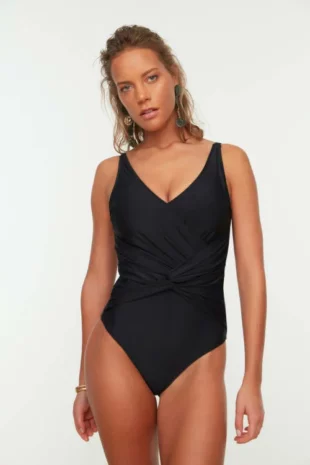 Ženski crni jednodijelni kupaći kostim s efektnim crossoverom