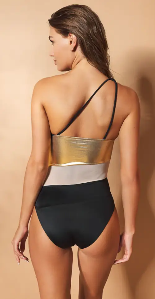 Ženski jednodijelni kupaći kostim u crno-zlatnom dizajnu